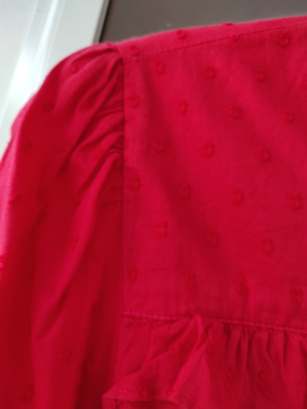 Women’s Red Ruffle Button-Front Blouse - Picture 6 of 7